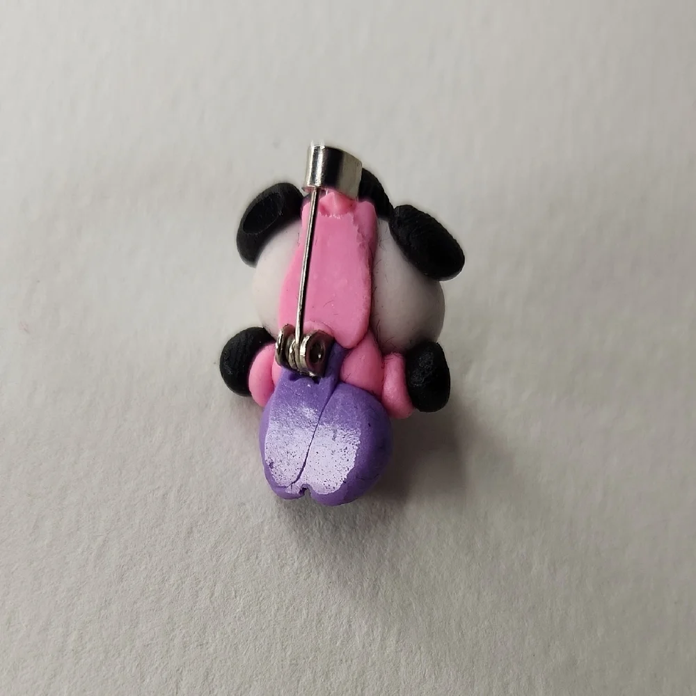Vintage 80s Handcrafted Cute Panda Figurine with Pink and Purple Outfit